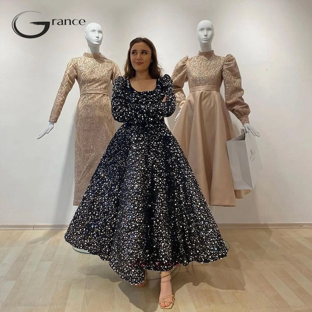 Top Trends: Black Square Collar Seuqined Moroccan Caftan Evening Dresses For Women Dance Full Sleeve A Line Ankle Length Prom Gowns Summer Shoppable Styles