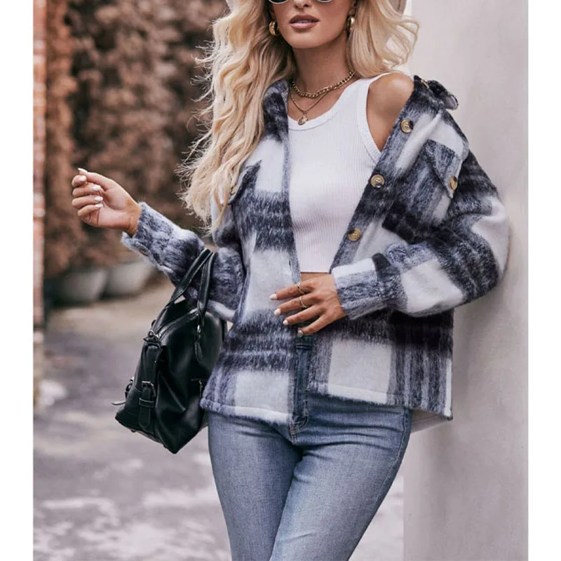 Top Trends: 2023 New Autumn And Winter Trend Fashion Lapel Plaid Patchwork Wool Short Style Temperament Commuting Loose Wool Thick Coat Shoppable Styles - Image 5