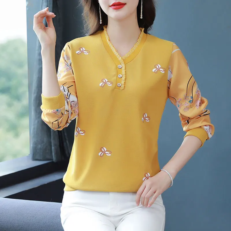 Top Trends: Casual Floral Printed Shirt Elegant V-Neck Button Spring Autumn Long Sleeve Female Clothing Commute Folds Spliced Loose Blouse Shoppable Styles