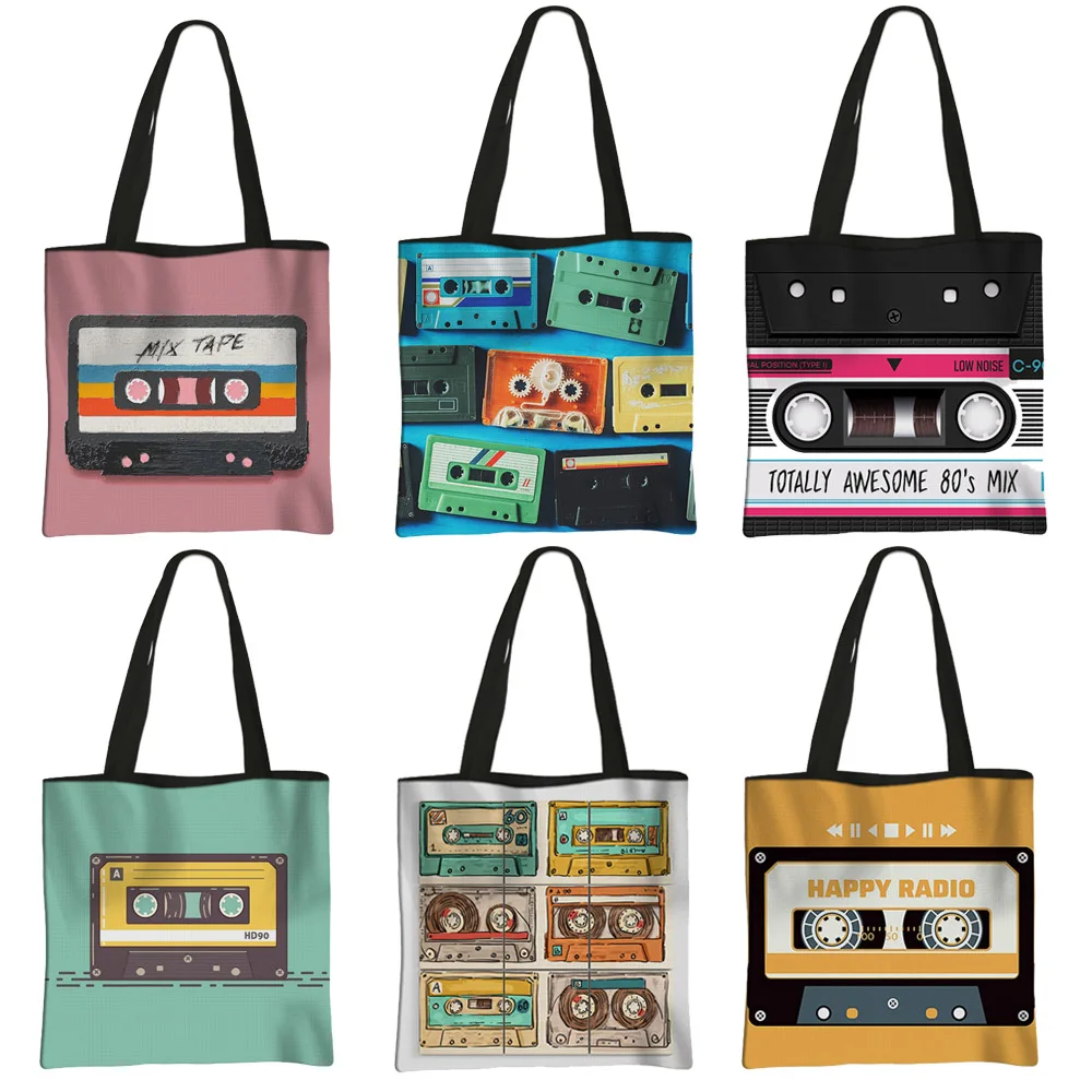 Top Trends: Vintage Cassette Audio Mixtape Magnetic Music Tape Print Handbag 80s 90s Women School Tote Bag Eco Reusable Canvas Shopping Bags Shoppable Styles