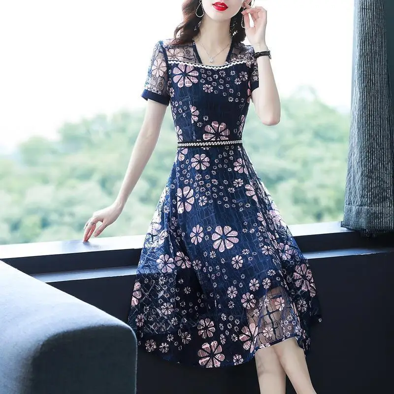 Top Trends: Office Lady Fashion Floral Printed Midi Dress Elegant Square Collar Spliced Summer Casual Waist A-Line Short Sleeve Dresses 2023 Shoppable Styles