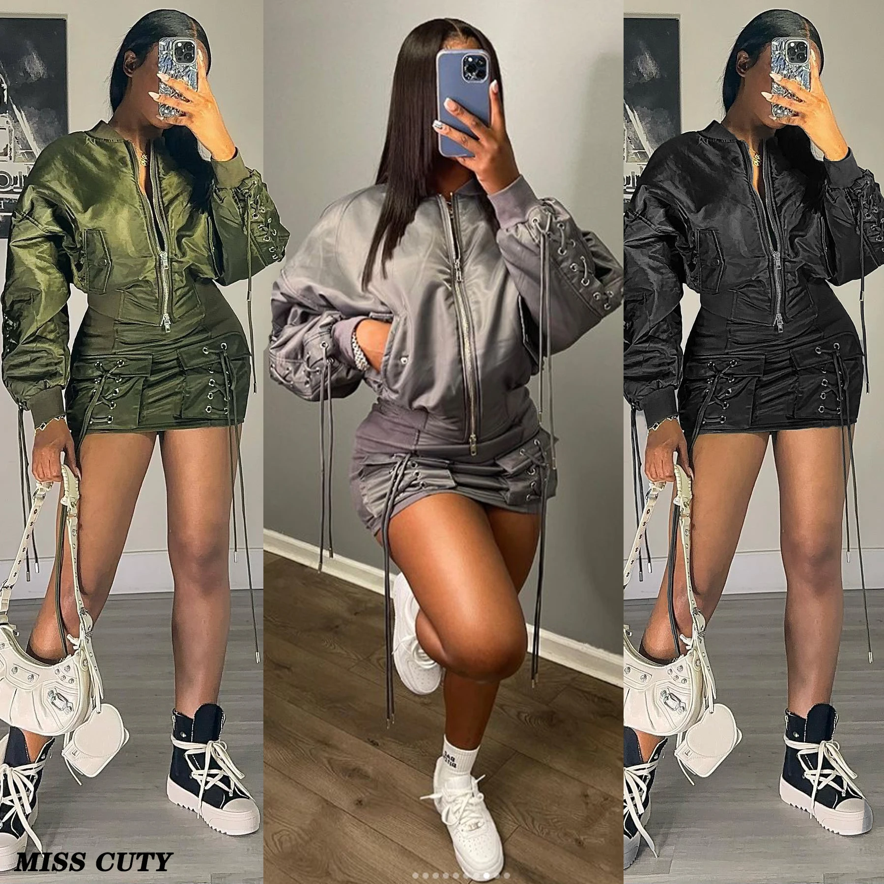 Top Trends: Crop Jackets 2 Piece Sets Outfits Y2K Streetwear 2023 Winter Women Clothes Cargo Pocket Dress Sexy Tops Two Piece Skirt Sets Shoppable Styles