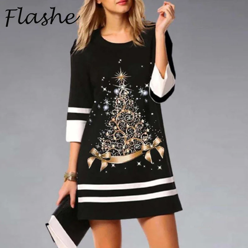 Top Trends: Fashion Christmas Dresses For Women O Neck 3 / 4 Sleeve Print Mini Dresses For Women Casual Party Dress Shoppable Styles