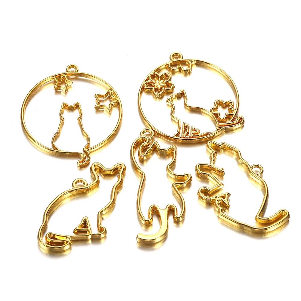 Top Trends: 5Pcs / Set Metal Frame DIY Jewelry Necklace Pendant Gold Kitten Cat Cute Hollow Frames UV Epoxy Resin Tools Accessories Handmade Shoppable Styles