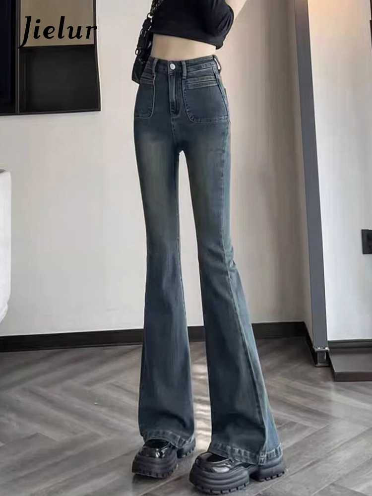 Top Trends: Jielur Autumn New Slim Tight Hip Jeans Fashion Vintage Chic Pockets Simple Female Flare Pants Casual Pure Color Women's Jeans Shoppable Styles