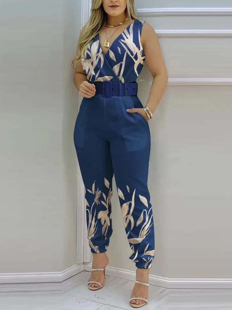 Top Trends: New Casual Women's Pants Women's V-neck Open Back Printed High Waist Jumpsuit Women (including Belt) Spring And Summer 2023 Shoppable Styles