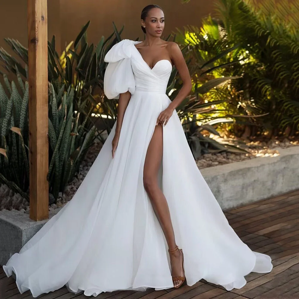 Top Trends: Sexy One Shoulder Single Puff Sleeve Wedding Dresses Big Bow Organza Beach Bride Dress 2024 Split Side Wedding Gowns Shoppable Styles