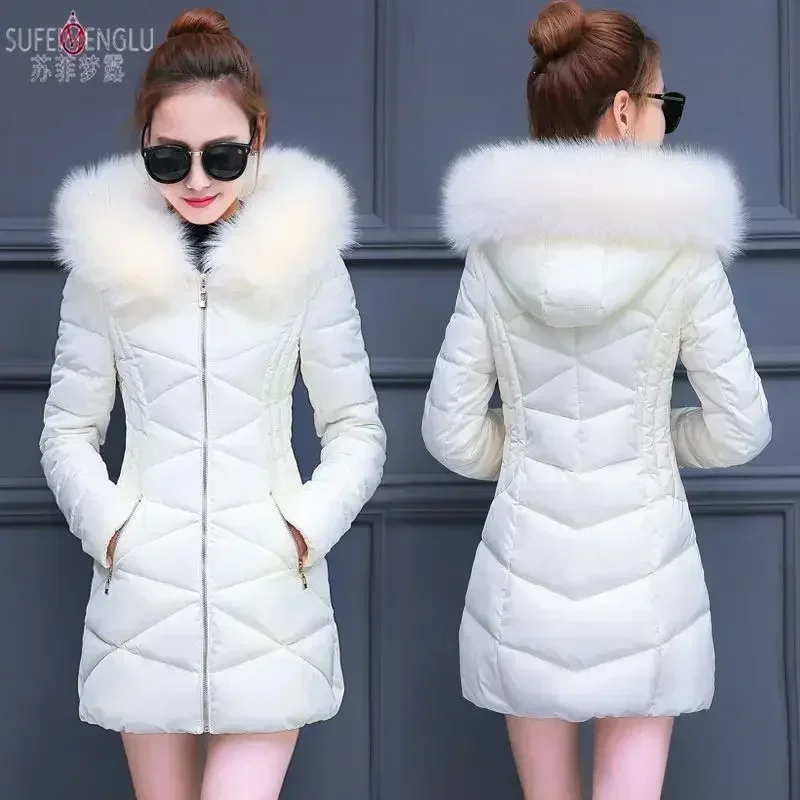 Top Trends: Winter Coat Women Fur Collar Hooded Parka Slim Black White Cotton-padded Jacket Long Sleeve Thickened Warm Puffer Jacket New Shoppable Styles