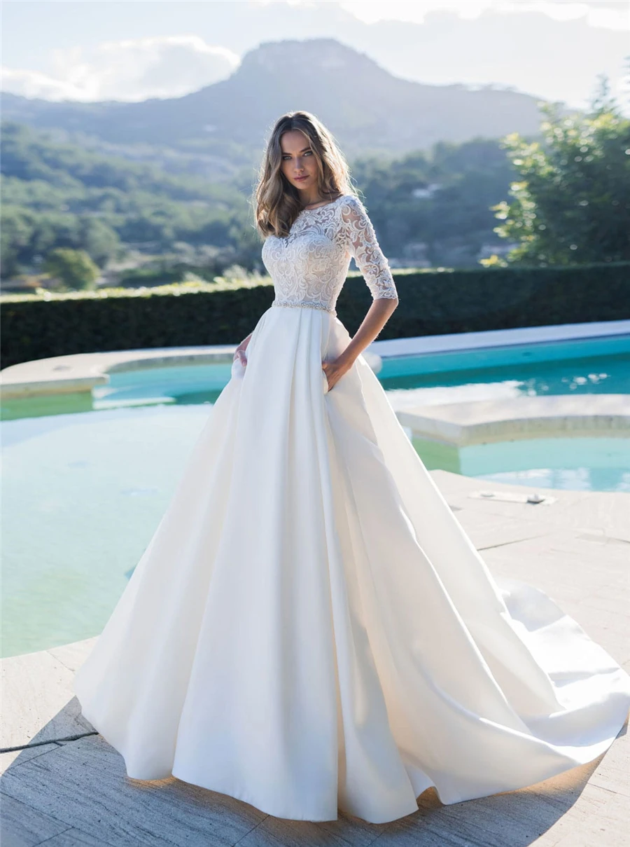 Top Trends: Half Sleeves A-Line Wedding Dresses 2021 Modest Satin Bridal Gowns Garden Custom Modest European Fashion Beach Robe De Mariee Shoppable Styles