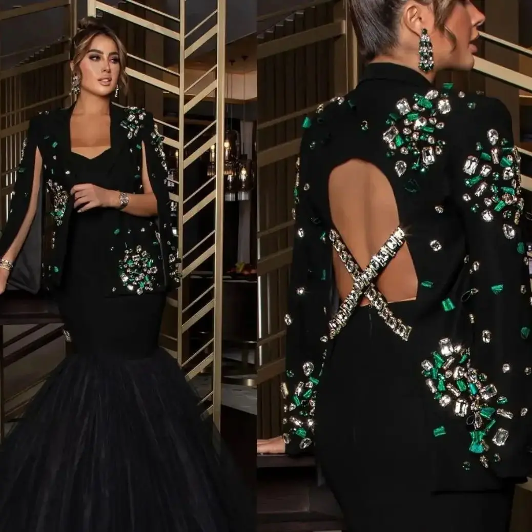 Top Trends: Beading Luxury Evening Dresses Green Crystal Beads Mermaid Prom Dress Jacket Backless Saudi Arabia Women's Formal Wedding Party Shoppable Styles