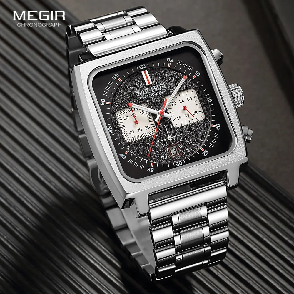 Top Trends: MEGIR Square Dial Quartz Watch Men Stainless Steel Strap Chronograph Sport Wristwatch With Date Luminous Hands 24-hour Indicator Shoppable Styles