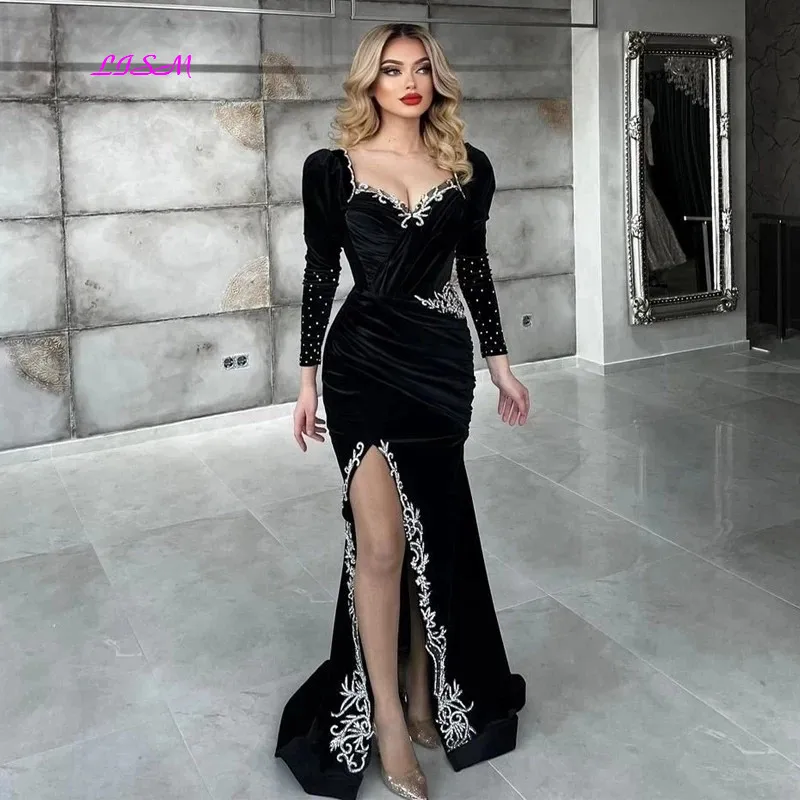 Top Trends: Black Mermaid Evening Dresses Moroccan Caftan Applique Long Sleeves Prom Gowns Split Women Party Guest Dress Shoppable Styles