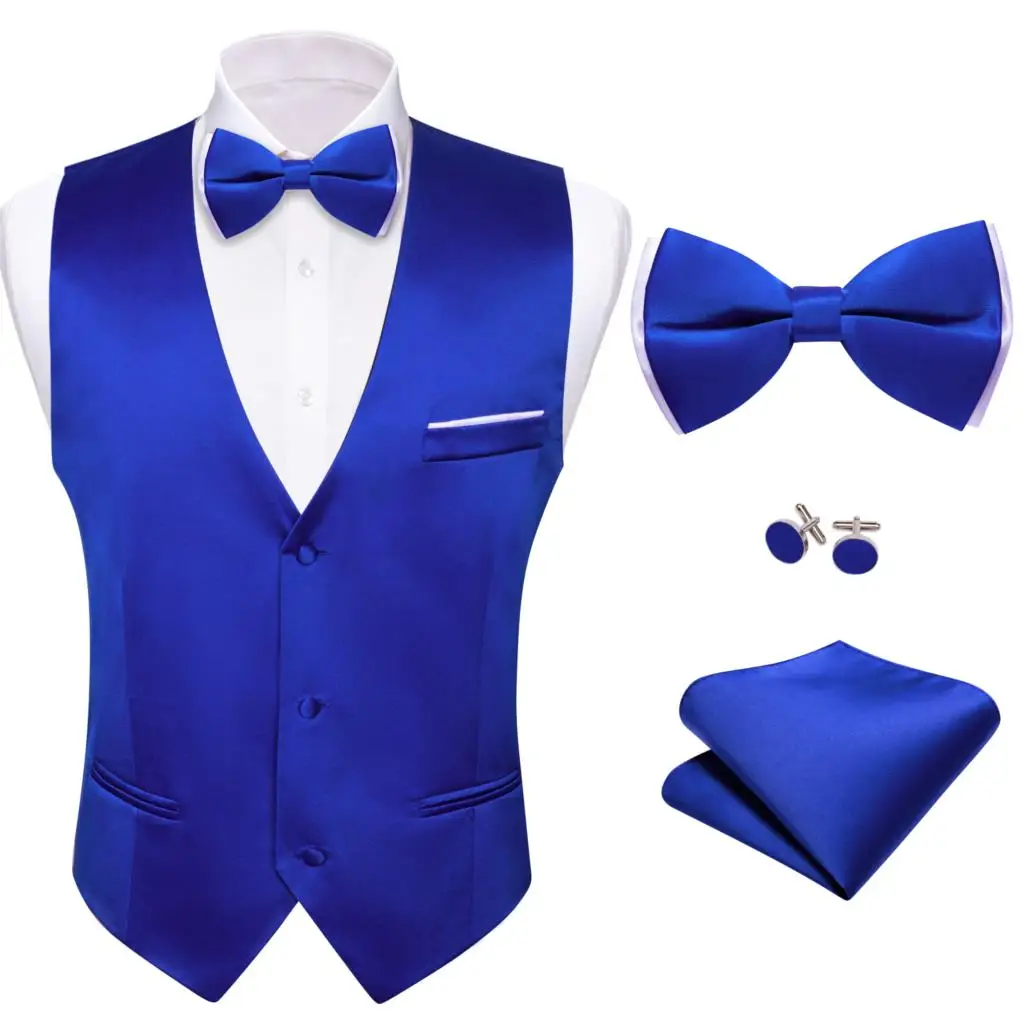 Top Trends: Designer Vest For Men Royal Blue Silk Solid Plain Waistcoat Bowtie Set V Neck Wedding Business Male Sleeveless Jacket Barry Wang Shoppable Styles