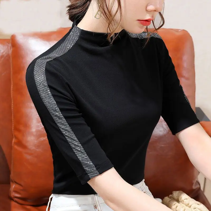 Top Trends: 2023 Autumn Women&#039;s Fashion Black And White Contrast Medium Sleeve T-shirt Spliced Cotton T-shirt Half High Neck Bottom Top Shoppable Styles