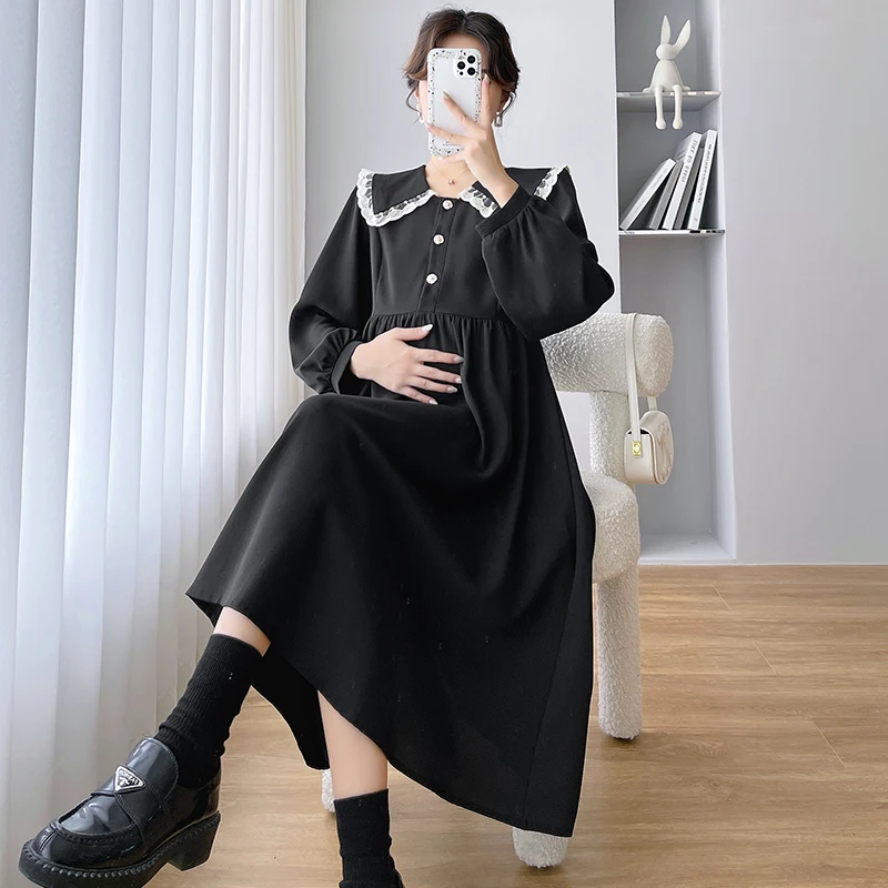 Top Trends: Autumn Korean Style Loose Maternity Dress Long Sleeve Ruffled Peter Pan Collar Pregnant Woman A-Line Dress Pregnancy Clothes Shoppable Styles