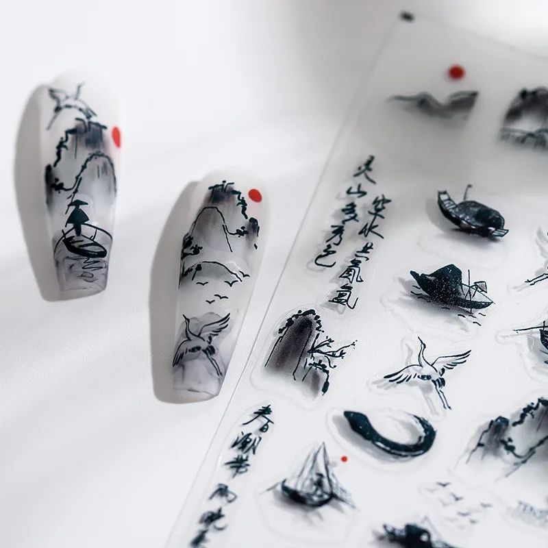 Top Trends: 1 Sheet 5D Realistic Ink Chinese Landscape Painting Skiff Fishman Crane Sunset Adhesive Nail Art Stickers Decals Manicure Charms Shoppable Styles