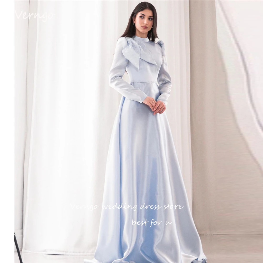 Top Trends: Verngo 2023 Light Blue Satin Arabic Women Modest Evening Dresses Long Sleeves High Neck Beads Bow Elegant Formal Prom Gowns Shoppable Styles