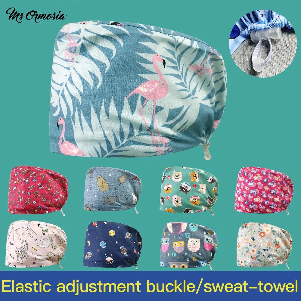 Top Trends: Adjustable Pet Beauty Work Hats With Sweat-absorbent Cartoon Print Cap Elastic Buckle 100% Cotton Health Service Scrubs Women Hat Shoppable Styles