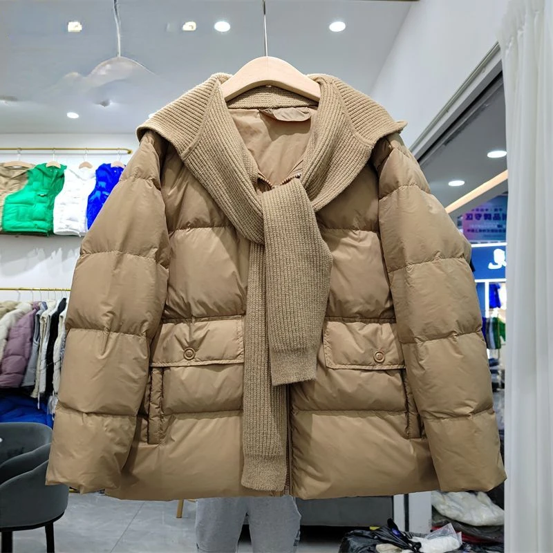 Top Trends: Warm Winter Women Down Jacket Feather Coats Knit Hooded Shawl Scarf Outerwear Short Puffer Jacket Thicken Korean Woman Clothing Shoppable Styles