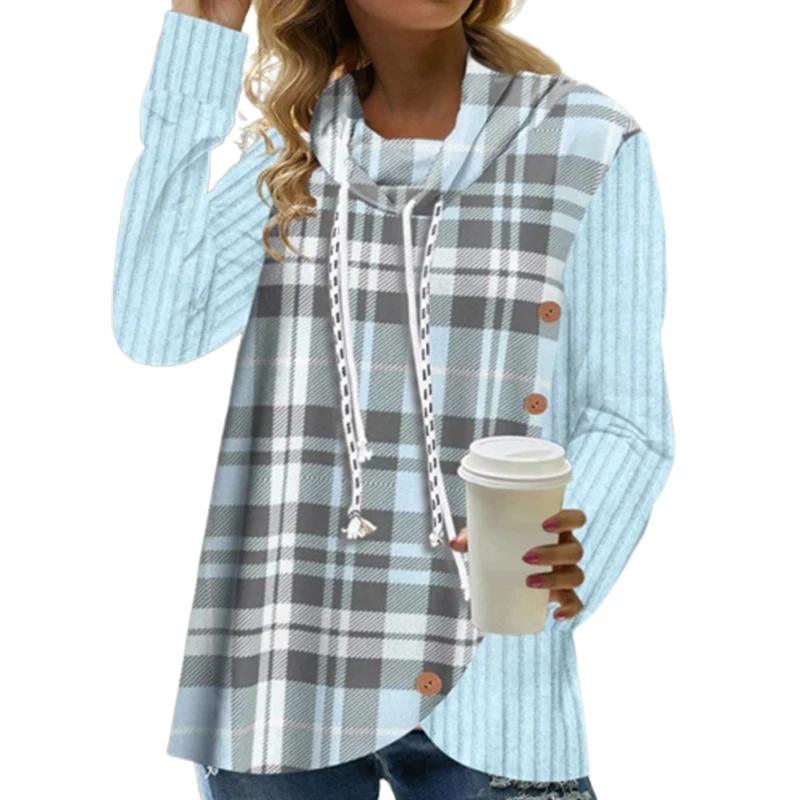 Top Trends: Autumn And Winter Elegant Fashion Artistic New Hoodies Women Long Sleeve Patchwork Plaid Drawstring Irregular Button Sweatshirts Shoppable Styles