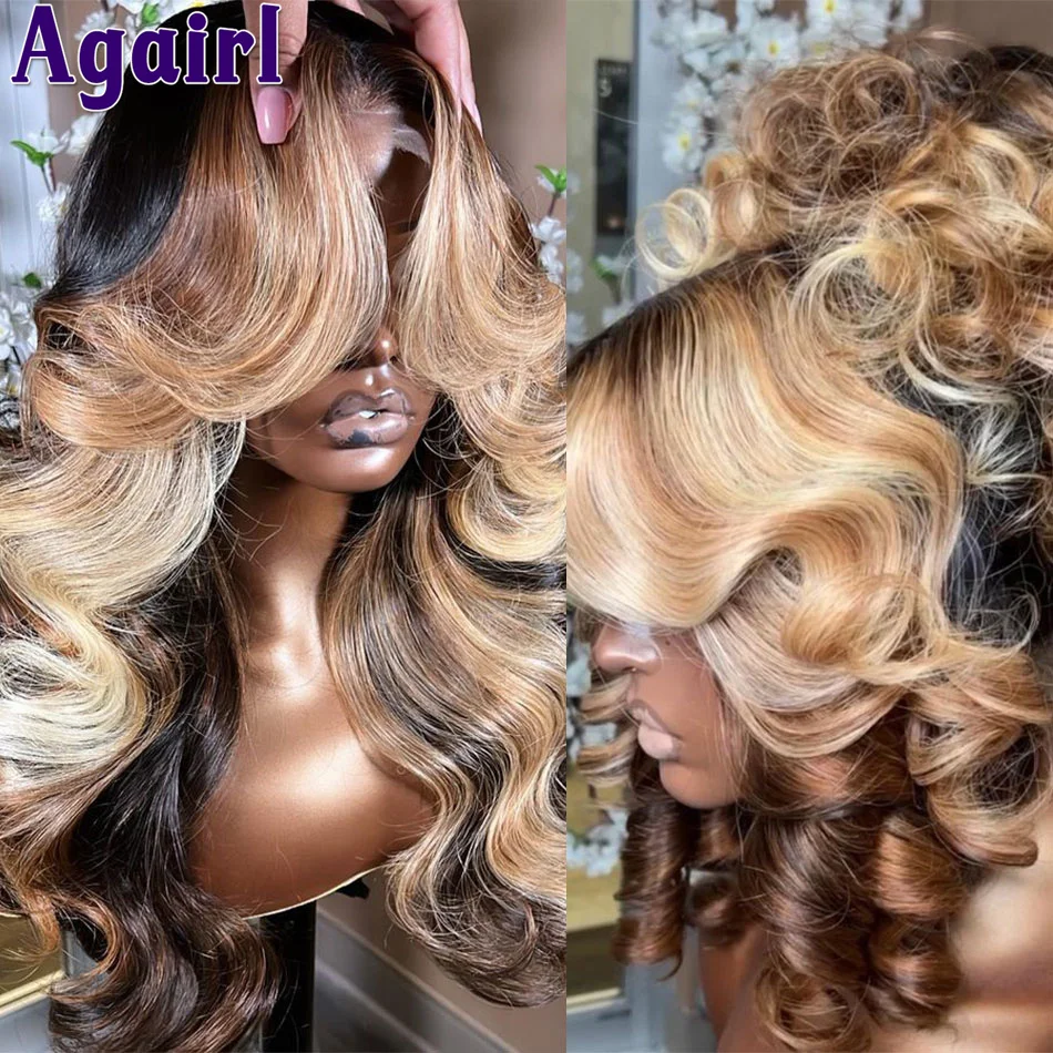 Top Trends: 180% Highlight Honey Blonde With Black Glueless Human Hair Wigs Body Wave HD Transparent 13x6 13x4 Lace Frontal Wigs Pre Plucked Shoppable Styles