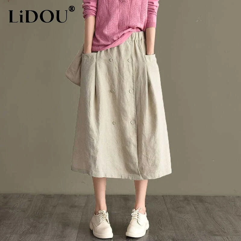 Top Trends: 2023 Spring Summer New Solid Color Elastic Waist Pockets Double Breasted A-line Skirt Women Vintage Loose Casual Female Clothing Shoppable Styles