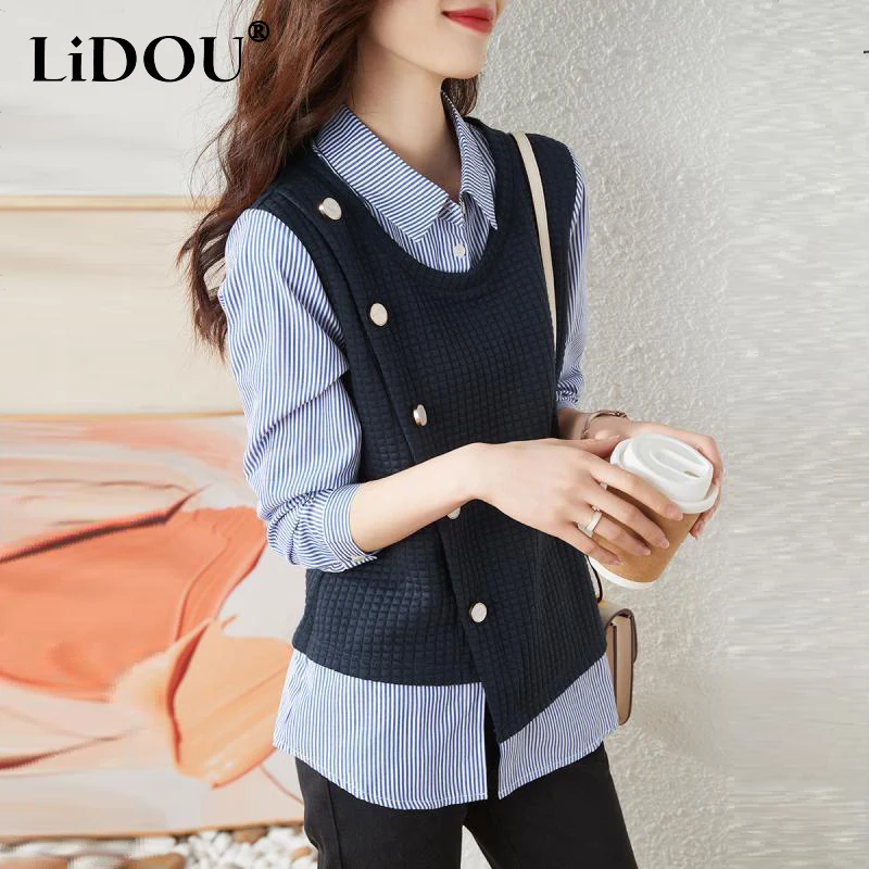 Top Trends: Spring Autumn New Polo-neck Vintage Striped Patchwork Shirt Ladies Long Sleeve Fake Two Pieces Casual Fashion Blouse Women's Top Shoppable Styles