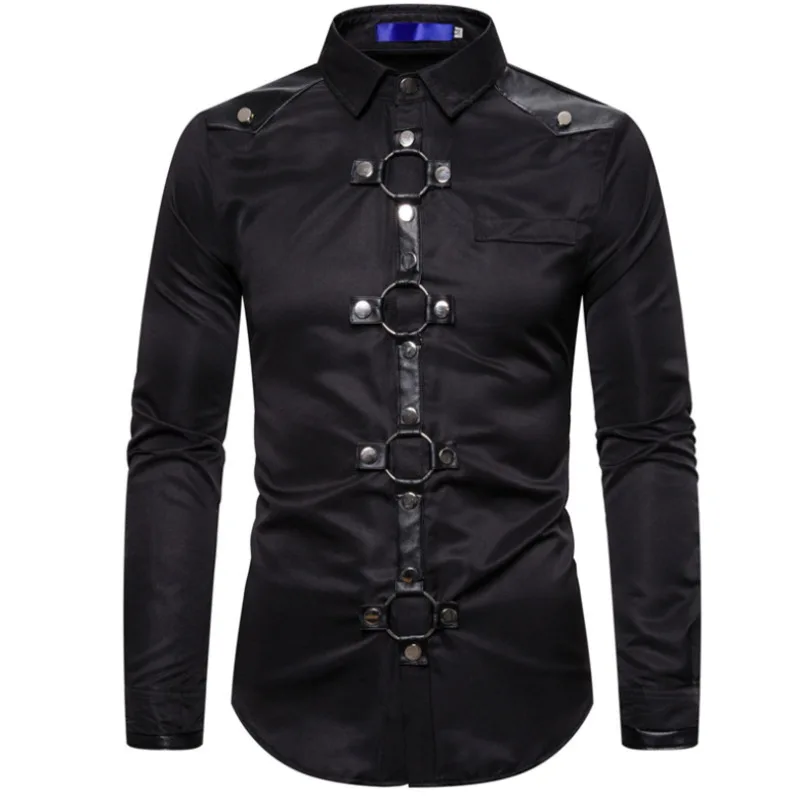 Top Trends: #4753 Streetwear Shirt Men Long Sleeve Gothic Style Rivet Solid Color Men's Shirt Slim Party Singer Stage Shirt Man Black Red Shoppable Styles