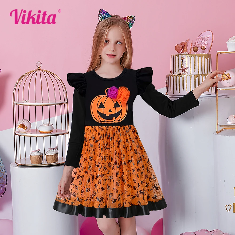 Top Trends: VIKITA Girls Halloween Pumpkin Witch Print Cosplay Costumes Kids Tutu Mesh Long Sleeve Festival Party Dresses Children Clothes Shoppable Styles