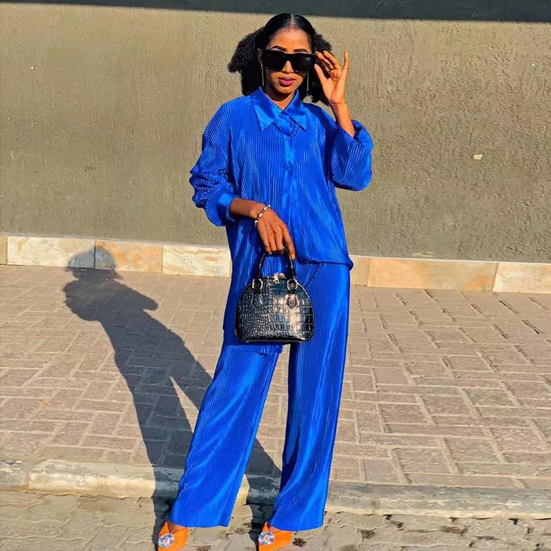 Top Trends: Oversize Blouses Baggy Pants Elegant Pleated Women 2 Piece Outfit 2023 New Two Piece Sets Top And Pants Lounge Fashion Plus Size Shoppable Styles