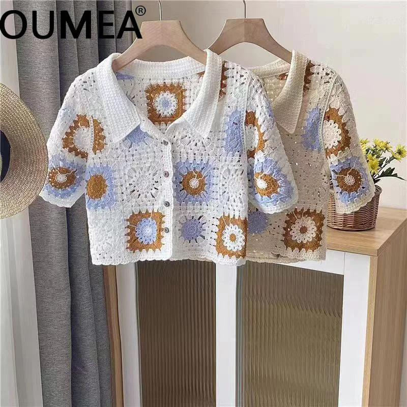 Top Trends: OUMEA Women Knitted Crochet Blouse Color Block Buttons Front Contrast Color Casual Tops Short Sleeve Openwork Chic Beach Tops Shoppable Styles