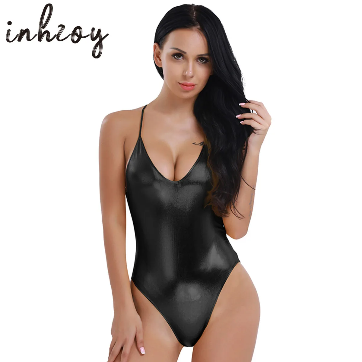 Top Trends: Women Shiny Patent Leather Spaghetti Straps Sexy Bodysuit Dancewear Ballet Gymnastics Leotard Adult Stage Performance Costume Shoppable Styles