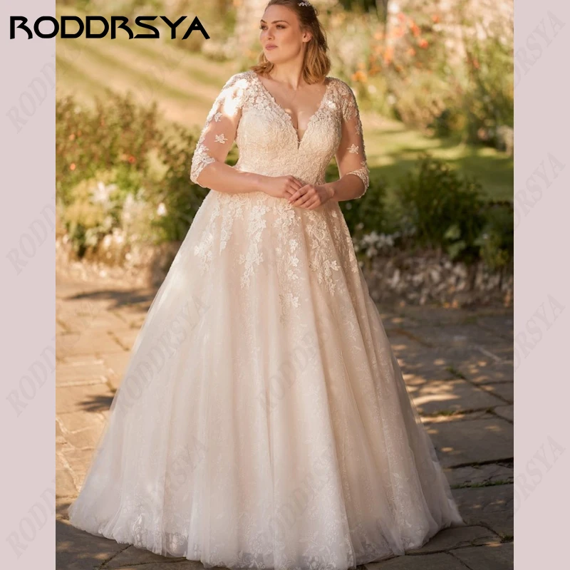 Top Trends: RODDRSYA Boho Tulle Wedding Dress Princess A-Line V-Neck 3 / 4 Sleeves Bride Party Appliques Illusion Backless Lace Up Bridal Gown Shoppable Styles