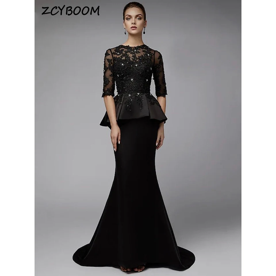 Top Trends: Elegant Black Mother O-Neck Sequin Appliques 2023 Wedding Dress Mermaid Floor Length Sweep Train Half Sleeves Zipper Bride Gown Shoppable Styles