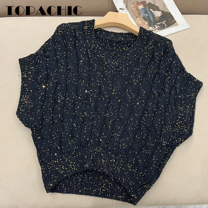 Top Trends: 7.5 High Quality Elegant Heavy Industry Sequins Twist V-Neck Short Sleeve Pullover Knitwear Women Shoppable Styles