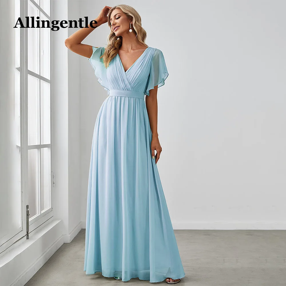 Top Trends: Allingentle Light Blue Elegant Bridesmaid Women Dress A-Line V-Neck Ruffles Sleeve Chiffon Maxi Dress Floor Length With Belt Shoppable Styles