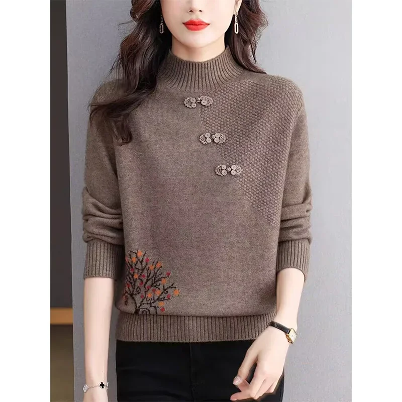 Top Trends: Women's Thick Loose Warm Chic Embroidery Sweaters Female Casual Fashion Solid Basic All-match Knitted Pullover Knitwear Shoppable Styles