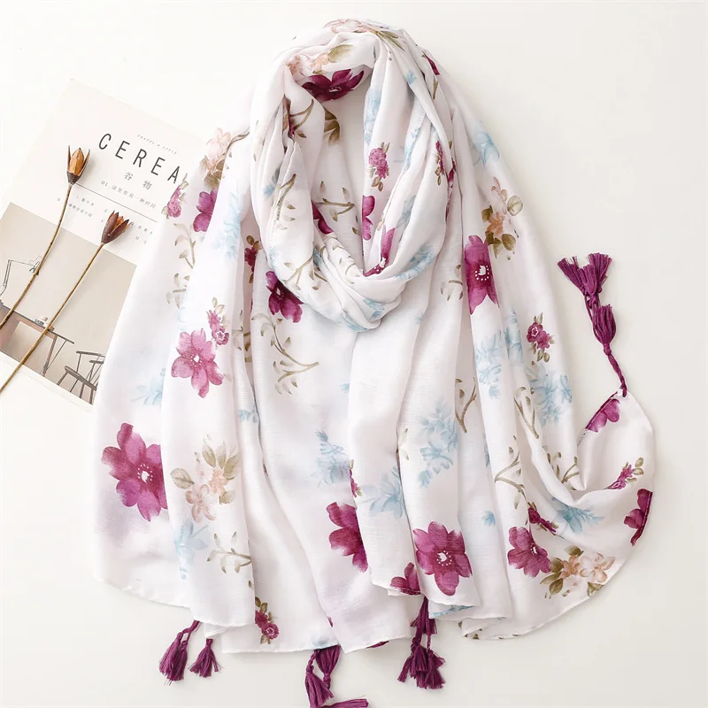 Top Trends: Ladies Fashion Purple Penoy Floral Tassel Viscose Shawl Scarf High Quality Print Soft Pashmina Stole Foulards Muslim Hijab Sjaal Shoppable Styles