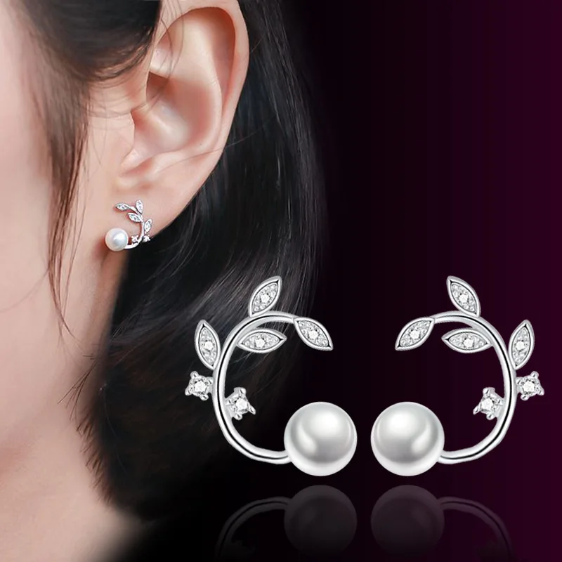 Top Trends: 925 Sterling Silver Crystal Pearl Jewelry Fashion Leaf Stud Earrings For Woman New XY0218 Shoppable Styles - Image 2