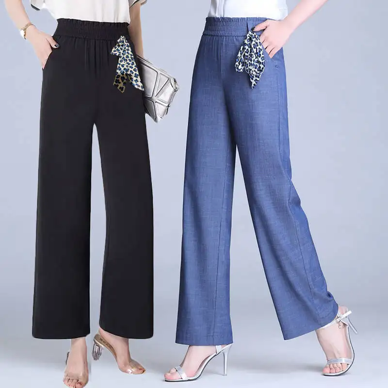 Top Trends: Cowboy Women Straight Trousers Elastic High Waist Fashion Spring Summer Loose Female Clothing Casual Solid Oversize Pants 2022 Shoppable Styles