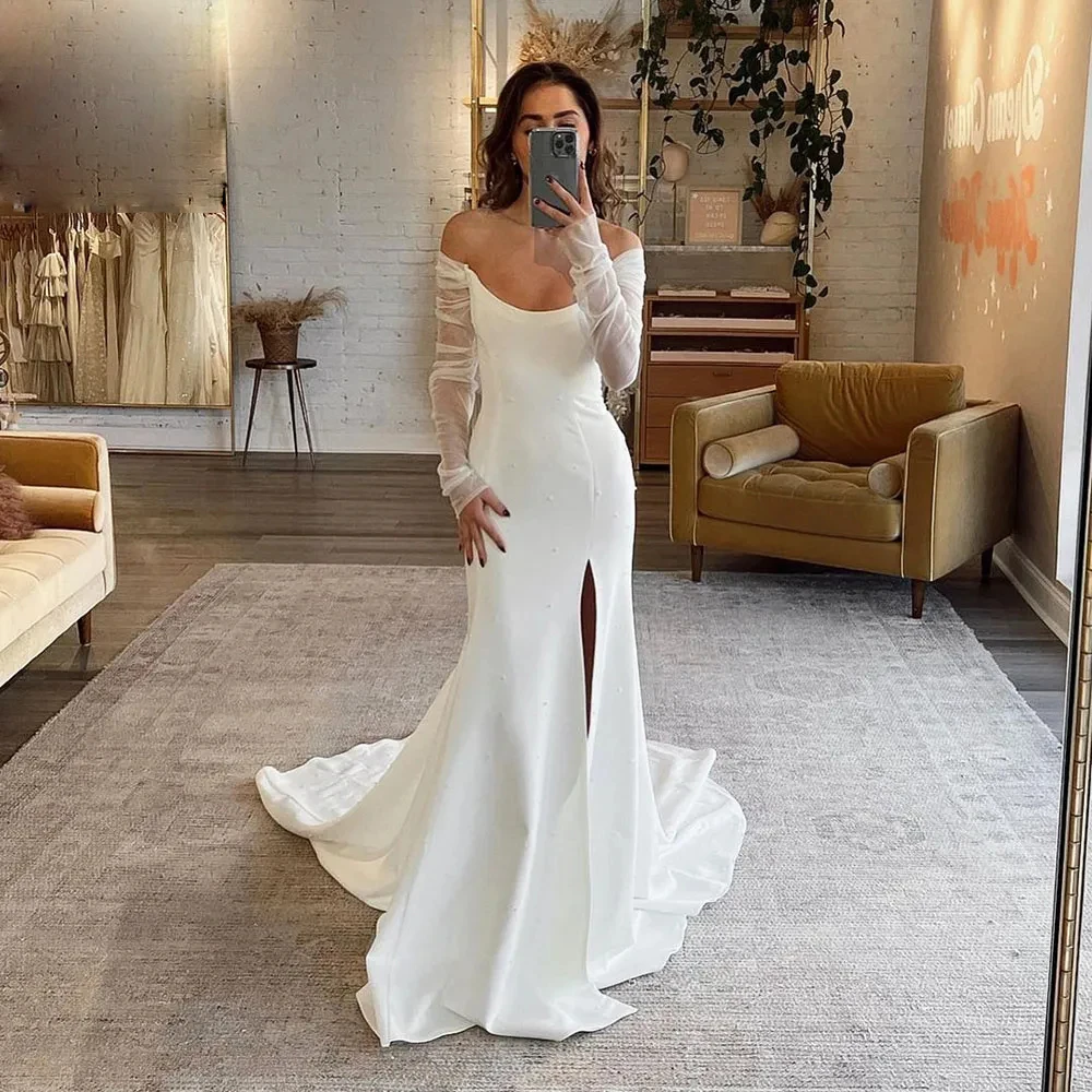 Top Trends: Beautiful Fascinating Wedding Dresses A Line Gorgeous Satin Simple Off Shoulder Long Sleeved High Slit Mopping Bridal Gowns 2023 Shoppable Styles