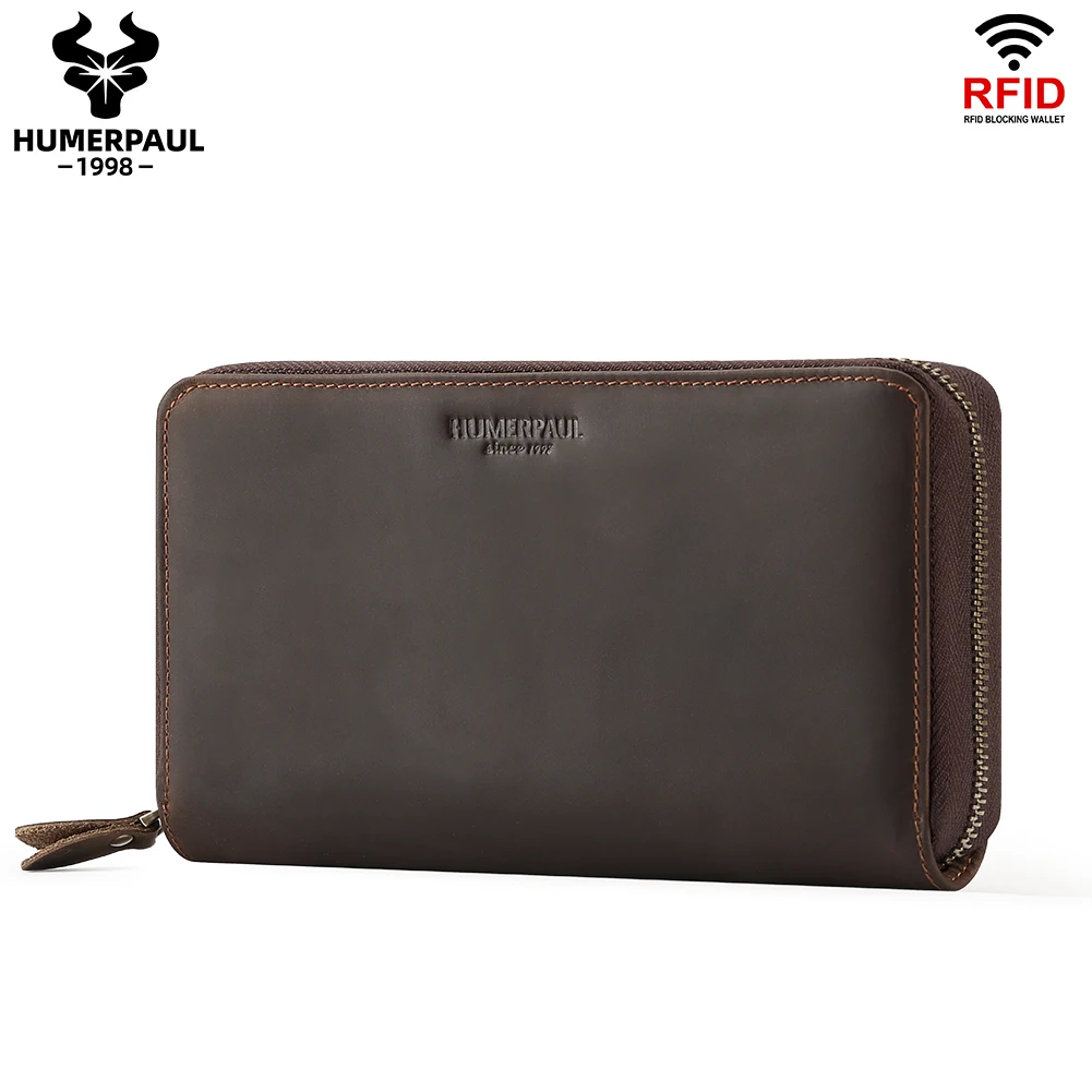 Top Trends: HUMERPAUL Long Wallet For Men Crazy Horse Leather Mobile Phone Purse RFID Protect Card Holder Multifunctional Handle Clutch Bag Shoppable Styles