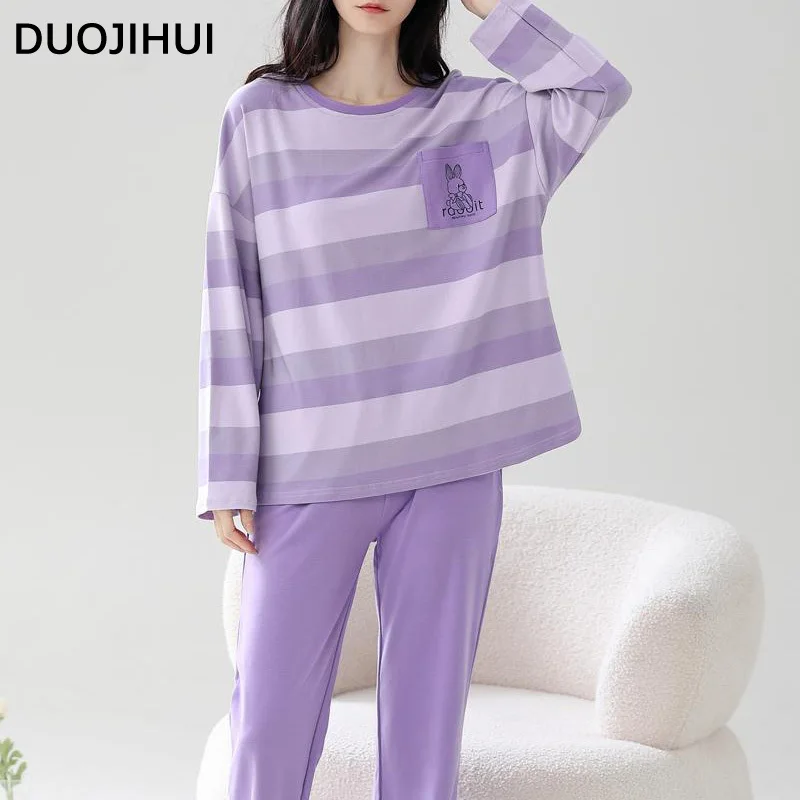 Top Trends: DUOJIHUI Purple Two Piece Casual Home Pajamas For Women New Classic Stripe Pullover Simple Pant Loose Fashion Female Pajamas Set Shoppable Styles