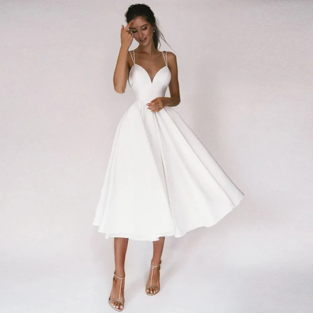 Top Trends: Sexy Short Wedding Dresses 2024 Thin Straps Criss Cross Simple V Neck Satin Bridal Dresses A Line Vestidos De Noiva Bride Gowns Shoppable Styles