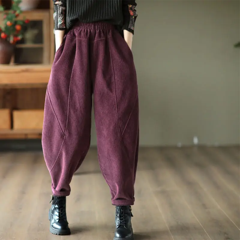 Top Trends: Female Simplicity Vintage Solid Thickened Harem Pants Women&#039;s Clothing Autumn Winter Casual Elastic Waist Spliced Warm Trousers Shoppable Styles