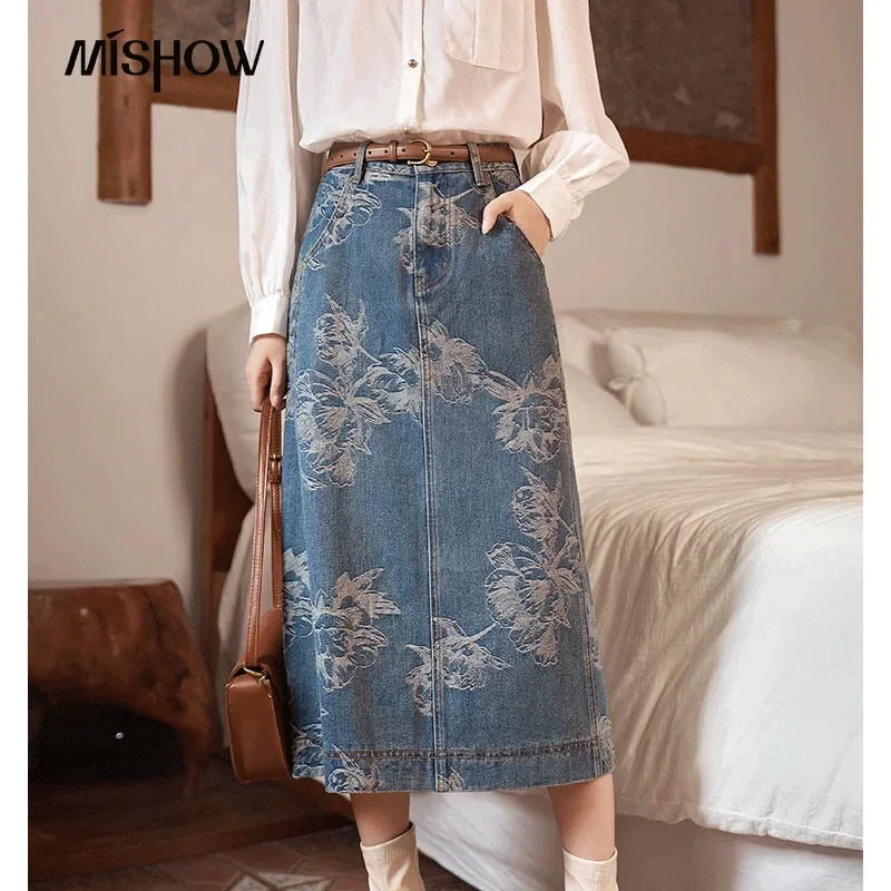 Top Trends: MISHOW Denim Jacquard Temperament Skirt For Women 2023 Autumn Korean Hem Split Back High Waist Retro Female Skirts MXC41B0101 Shoppable Styles