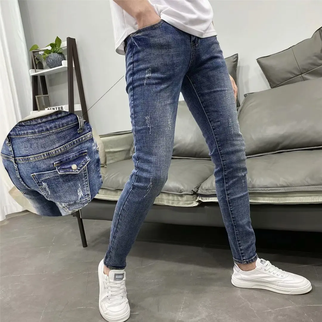 Top Trends: Slim Fit Small Foot Elastic Jeans Men's Summer Thin Personalized Pocket Casual Pants Korean Fashion Cat Beard Pants Shoppable Styles