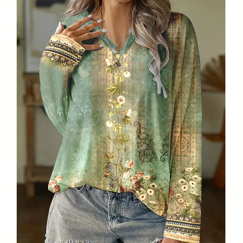 Top Trends: Autumn And Winter Vintage Trendy T-shirt Women Artistic Prairie Chic Aesthetic Long Sleeve V Neck Print Loose Casual Sweatshirt Shoppable Styles