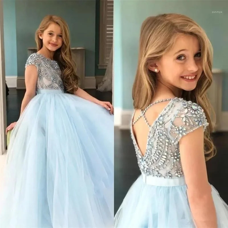 Top Trends: Light Sky Blue Tulle Beaded Capped Sleeve Girl's Flower Girl Dresses Princes Ball Gown First Communion Prom Fashion 2023 Shoppable Styles