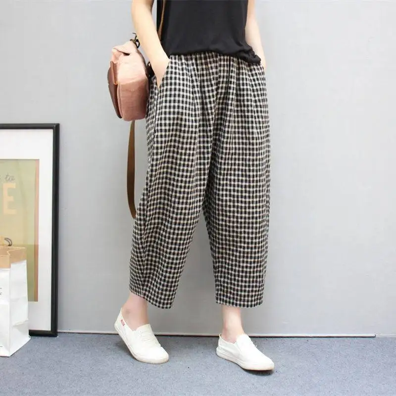 Top Trends: Summer Plaid Fashion Haren Pants Women High Street Casual Loose Pockets High Waist Pure Cotton All-match Comfortable Trousers Shoppable Styles